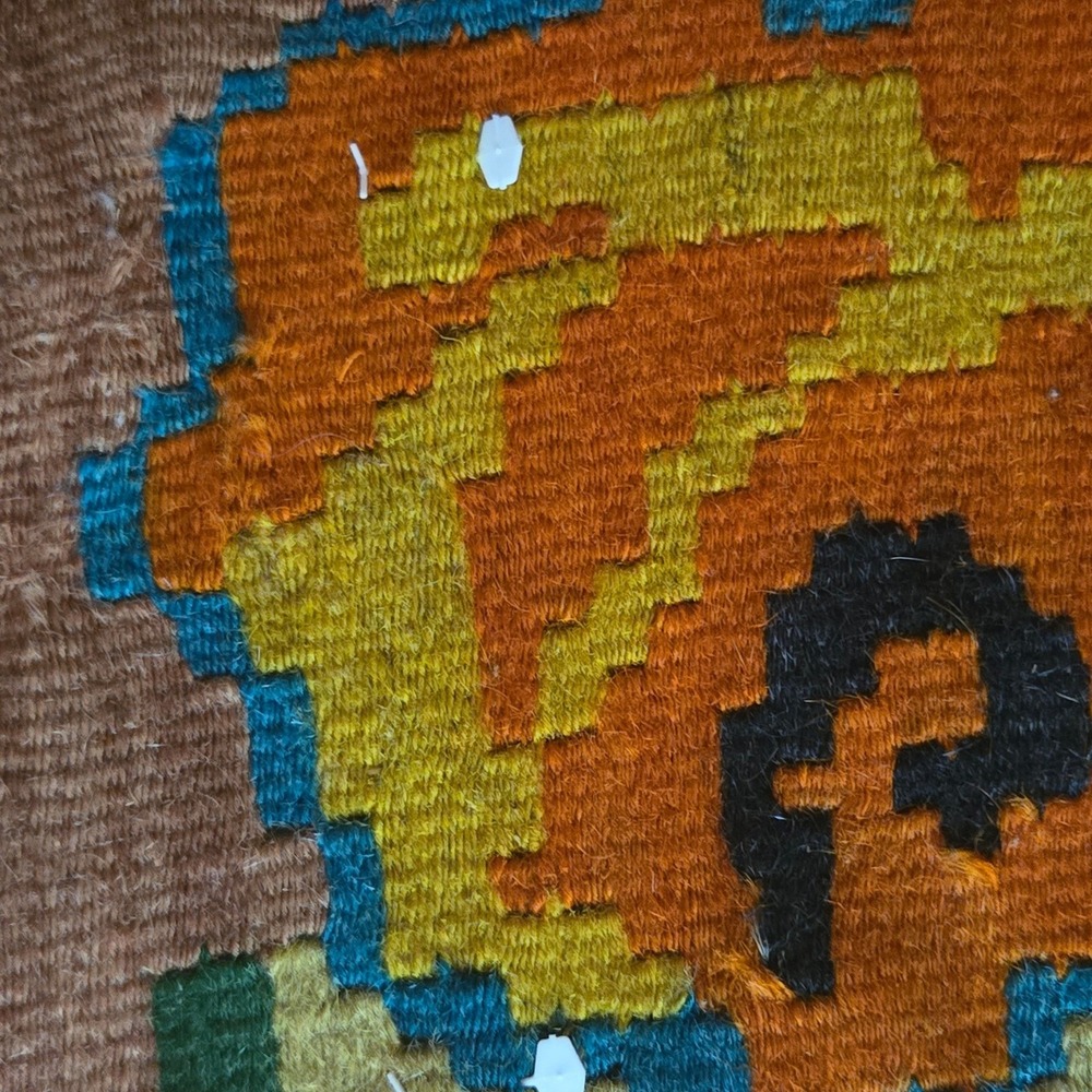 Vintage Handwoven Kilim Rug Floral Medallion Turquoise Tan Boho Flatweave Fringe - Picture 4 of 16